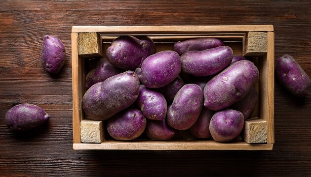 harvest of ripe purple potatoes unusual raw potatoes in the box on wooden background top view