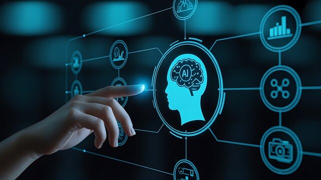 Businessman's hand is pushing a digital button on a virtual screen, illustrating a global network connection concept - Powered by Adobe