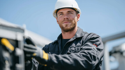 Rooftop HVAC repair scene, technician in uniform and gloves inspecting condenser coils, sunlight casting shadows on metal surfaces, maintenance work in progress