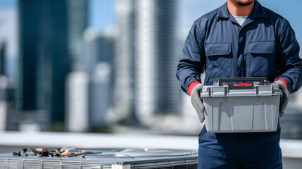 Technician performing air conditioning service on commercial building roof, rooftop tools and spare parts arranged nearby, metal rooftop panels reflecting sunlight