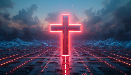 Neon Cross Floating Over Digital Technological Landscape in Futuristic Style