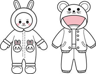 Cartoon-style bunny and mouse winter outfits for children with animal hoods, playful clothing sketch, cad drawing flat vector illustration