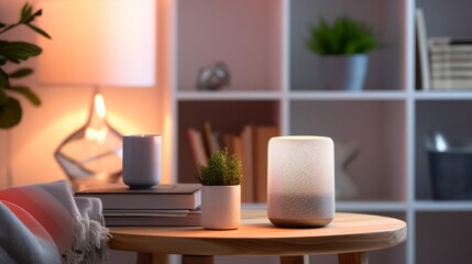 Modern smart speaker on wooden table in cozy living room, surrounded by books, a plant, and soft lighting, creating a warm and inviting atmosphere for relaxation