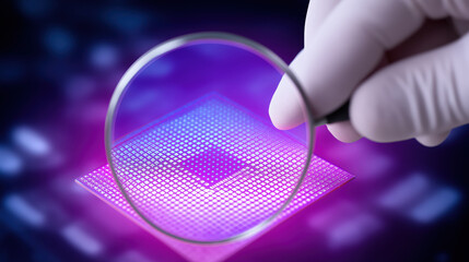 Microchip under magnifying glass held by gloved hand with purple light glow