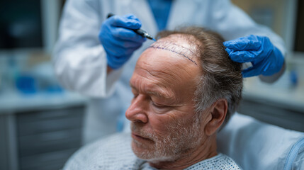 Close-up of surgeon in gloves using marker to outline hairline on senior manâs scalp, clinical lighting highlighting meticulous preparation for hair transplant