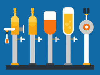 Row of colorful beer taps on a dark shelf against a blue background design