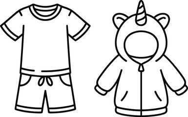 Children’s casual t-shirt and shorts with unicorn hoodie jacket outline, kids fashion design, apparel sketch, cad drawing flat vector