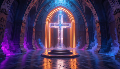 Neon Cross in Illuminated Church Interior with Glowing Arches and Colored Smoke