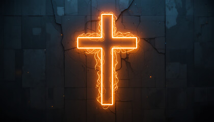 Neon Cross Sign Glowing Brightly on Dark Wall with Sparks and Cracks