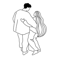 Outline of a couple walking closely, the mans arm around the woman with long hair flowing behind.