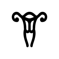 Stylized illustration of a uterus with fallopian tubes in black outline on a white background design element