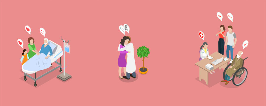 3D Isometric Flat Vector Illustration of Palliative Care, Elderly Caregiving