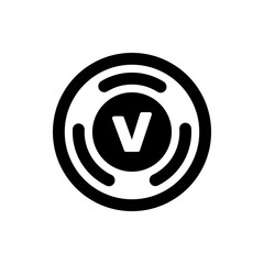 A black circle containing a smaller black circle with a white letter v and three white curved lines around it