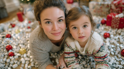 Top-down perspective of woman and kid pointing at extension cord, holiday decorations around, scattered plugs illustrating fire risk, bright educational focus