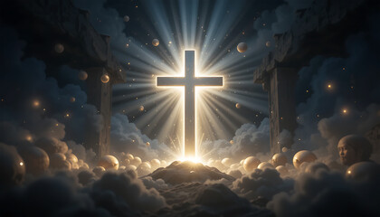 Bright Cross Illuminated in Celestial Cloudscape with Radiant Light and Heavenly Atmosphere