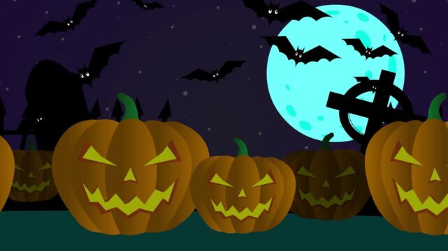Animation video of several Halloween pumpkins on a background with a cemetery and a full moon, art, cartoon, Halloween.