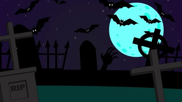 Animated video of a scene with tombstones, a waving hand, with a cemetery and full moon, art, cartoon, Halloween.