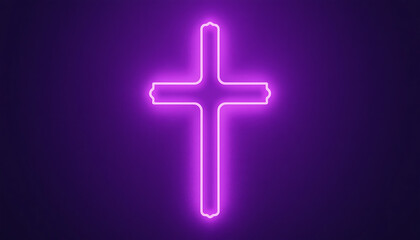 Neon Cross Sign Bright Purple Glowing Religious Symbol on Dark Background