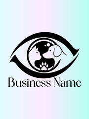 Pet Care Vision Logo with Dog and Cat Silhouettes, Paw Print inside an Eye Design, ideal for veterinary services
