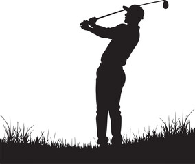 Silhouette of a golfer swinging a club on a grassy field