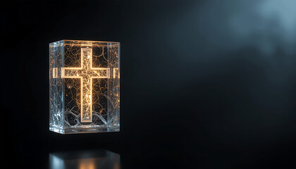 Illuminated Cross Inside Transparent Cube with Gold Details on Dark Background