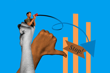 3d banner art pop trend collage of happy man activist scream megaphone chart arrow hands point stop pressure demonstration concept
