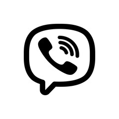 Black and white viber logo featuring a telephone handset inside a speech bubble with signal waves icon