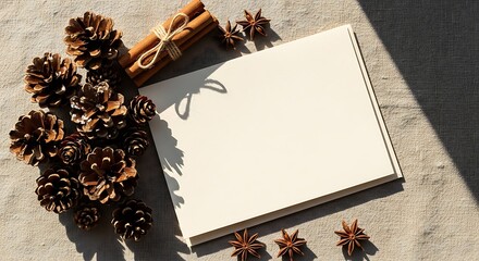 Blank White Card Mockup with Natural Pine Cones, Cinnamon Sticks, and Star Anise on Rustic Fabric in Sunlight – Cozy Autumn/Winter Flat Lay for Sea...