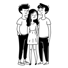Cartoon-style illustration of two boys and a girl smiling and standing side by side in casual clothes.