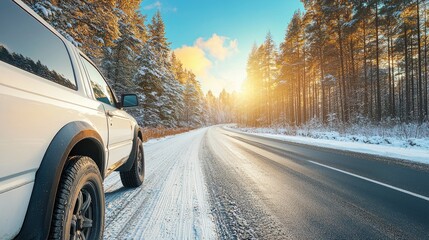 Scenic winter drive along a snow-covered road with a vehicle parked on the side, surrounded by tall pine trees and a bright sunset in the background