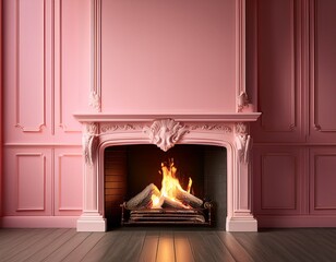 vintage fireplace with burning flame in pink room abstract concept