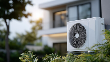 Side perspective of air source heat pump, metallic fan and grille catching sunlight, modern house wall in context, renewable energy and sustainable HVAC system emphasized