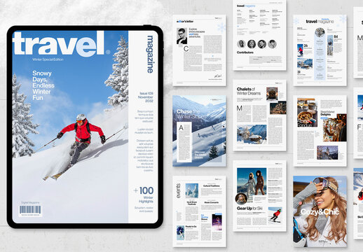 Digital Winter Travel Magazine Template for Snow Sport & Ski Brochures & Guides