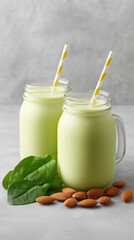 Green smoothie in glass jars with yellow striped straws, fresh spinach and almond nuts