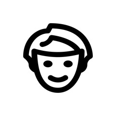 Illustration of a simple stylized face with short hair, round eyes, and a curved smile in black outline