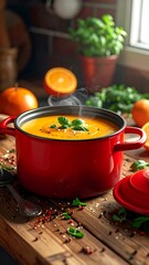 Steaming orange soup in a red pot with orange slices on a wood surface