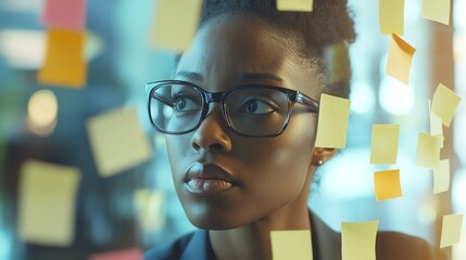 Diverse business team in brainstorming session with sticky notes on glass wall