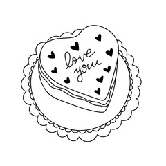 Hand-drawn heart-shaped cake with small hearts and love you text on a decorative plate.