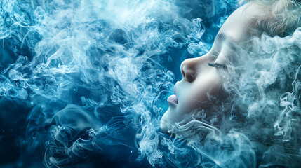 Fototapeta premium Serene face submerged in water, surrounded by swirling smoke, evokes sense of tranquility and mystery. eyes are closed, and expression is peaceful