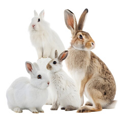 Fototapeta premium Four Rabbits and Hares, White and Brown Fur, Isolated on Clean Background on transparent background