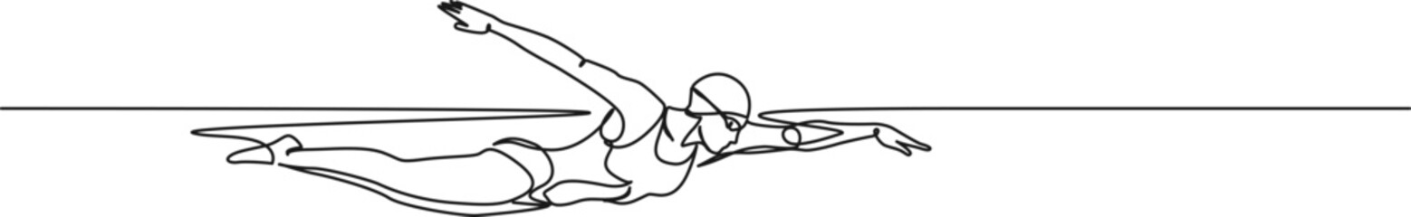 continuous single line drawing of female freestyle swimmer in water, line art vector illustration