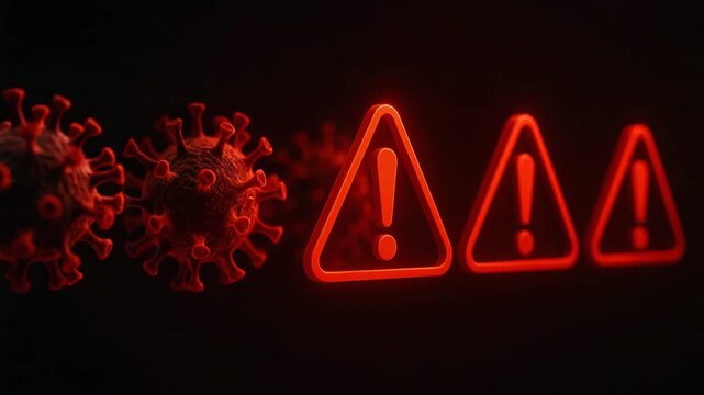 A dramatic illustration of COVID-19 warning signs illuminated in red, symbolizing the urgency and seriousness of the pandemic. - Powered by Adobe
