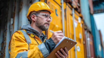 Logistic officer wearing helmet recording shipping details on clipboard at the freight loading dock