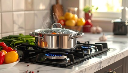 Steaming pot of water on a modern kitchen stove