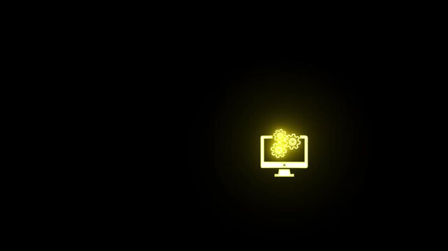 Animation of glowing neon Computer and 3 setting icon isolated , monitor with gears icon animation, setting icon .Neon yellow computer monitor with gear and clipboard icon on black background