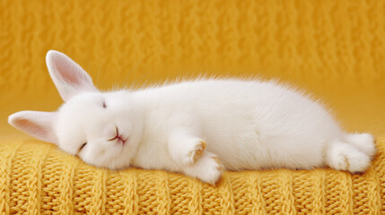 Sleeping white rabbit lying on yellow knitted fabric with peaceful expression