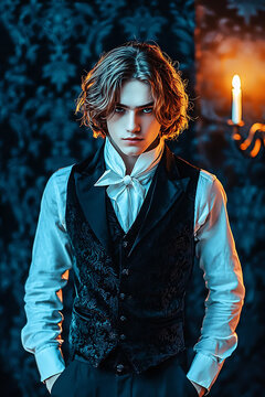 Handsome man Regency style attire, featuring black vest and white shirt, stands confidently against dark, ornate background, illuminated by