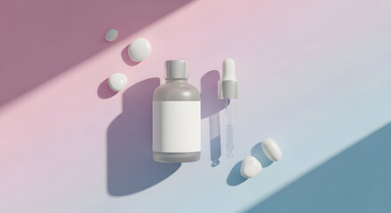 Elegant dropper bottle with blank label, cosmetic serum, and smooth stones, showcasing modern beauty and skincare essentials with soft light.