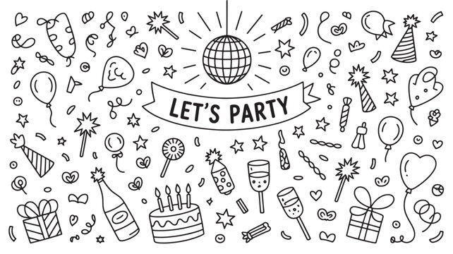Hand-drawn party doodles celebration elements in line art style perfect for invitation cards and festive designs