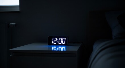 Glowing Digital Alarm Clock Reflecting 12:00 on a Bedside Table in a Dark Bedroom, Evoking Midnight and Serenity